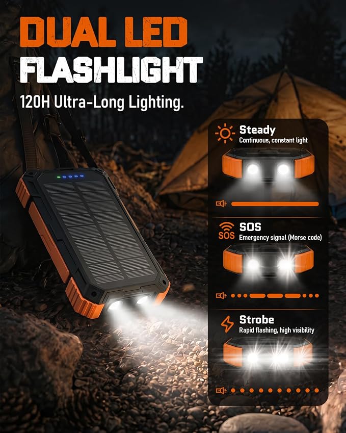 Solar Charger Power Bank - 49800mAh Solar Phone Charger with USB-C in/Output, QC 3.0 Fast Charging with LED Flashlight, Built-in 4 Cables, IP65 Waterproof Fits for Outdoor (Orange)