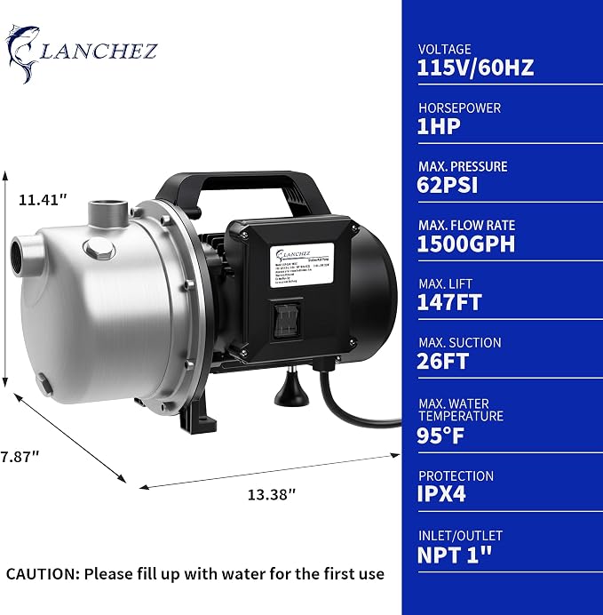 LANCHEZ Shallow Well Pump, Stainless Steel Garden Irrigation Pump, 115V Water Transfer Pump, Water Booster Jet Pump for Home Garden Lawn Farm, Black