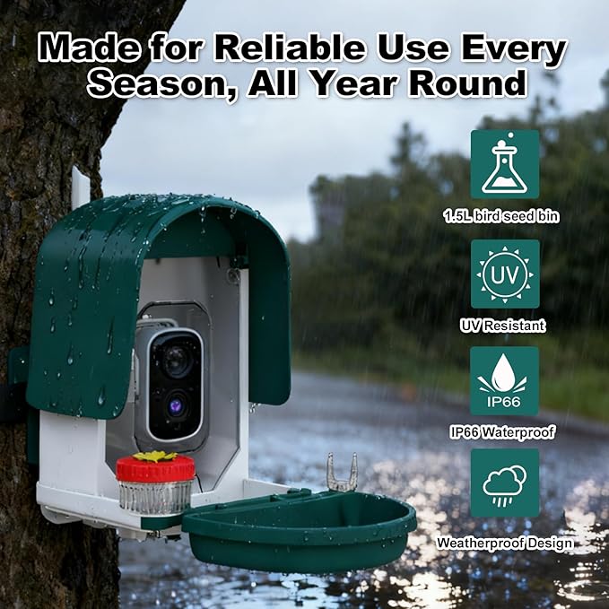 Bird Feeder Camera with 4K HD, App Alerts & Two-Way Audio, Solar Panel, 32GB Card 4-in-1 Perch, 160° View, Auto Detect & AI Identify - Wireless Outdoors Weatherproof Design (Army Green)