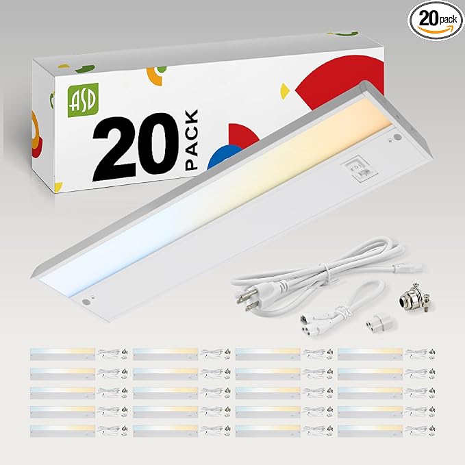 ASD LED Under Cabinet Lighting Plug in or Hardwired 18 Inch, Dimmable Under Cabinet Lights with High/Low/Off Switch, 3CCT 2700K-4000K, Linkable Under Counter Lights for Kitchen, ETL, White, 20 Pack