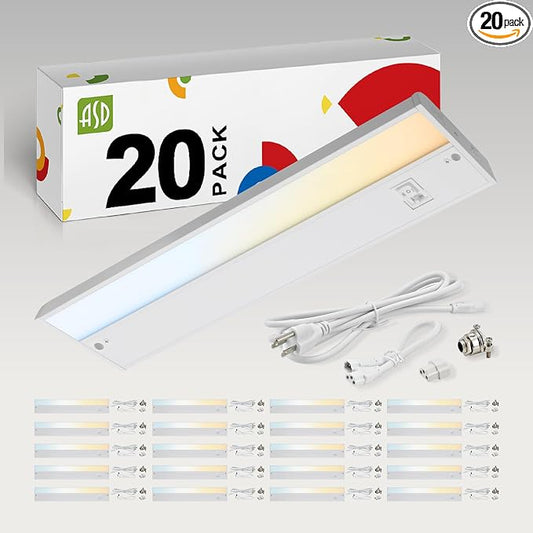 ASD LED Under Cabinet Lighting Plug in or Hardwired 18 Inch, Dimmable Under Cabinet Lights with High/Low/Off Switch, 3CCT 2700K-4000K, Linkable Under Counter Lights for Kitchen, ETL, White, 20 Pack