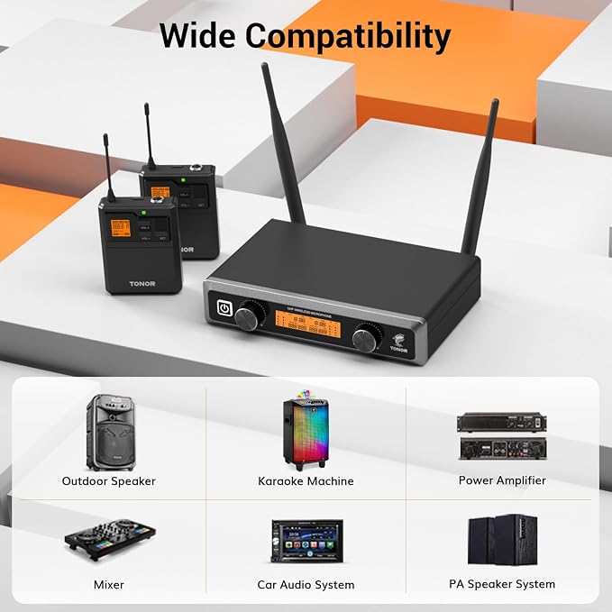 TONOR UHF Wireless Microphones System with Headset/Lavalier Lapel Mics, Bodypack Transmitter, Receiver, 2 * 15 Channels, 60 m/200ft Range for Live Singing Karaoke Church Party DJ, 2 Bodypack Mics