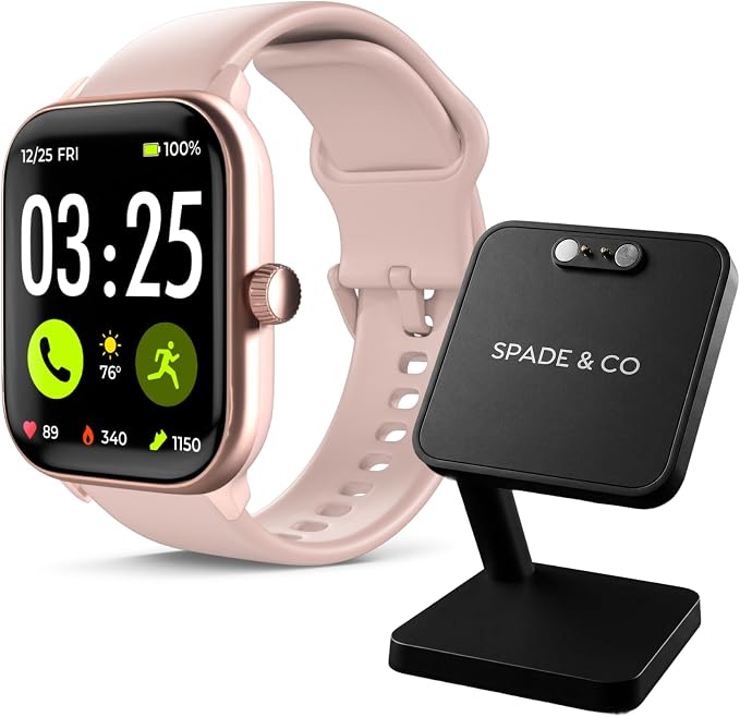 Spade & Co Health Smartwatch 4 Bundle with Charging Dock – Heart Rate, Sleep & SpO2 Monitor, Pedometer, 10+ Day Battery, Answer/Make Calls, IP68 Waterproof, iOS & Android – Rose Gold