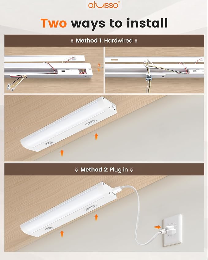 ALUSSO 12 Inch LED Under Cabinet Lighting Hardwired & Plug in 120V, 5CCT Color Selectable 2700K-5000K Dimmable 6W 510LM High Brightness, Strip Linkable Under Counter Lights for Kitchen Sink, 2 Pack