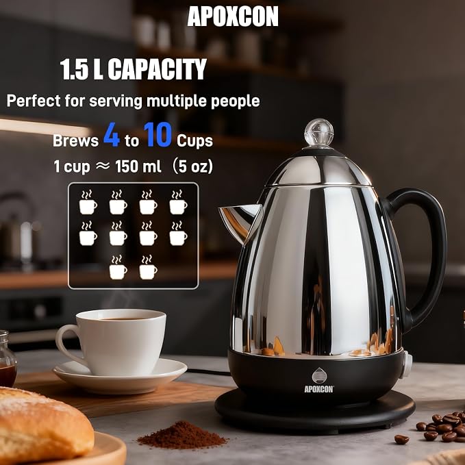 APOXCON Electric Coffee Percolator, Stainless Steel, with Clear Brew Progress Knob, No-Drip Spout, Auto Keep Warm, Cordless Serving, 10 Cup, Silver