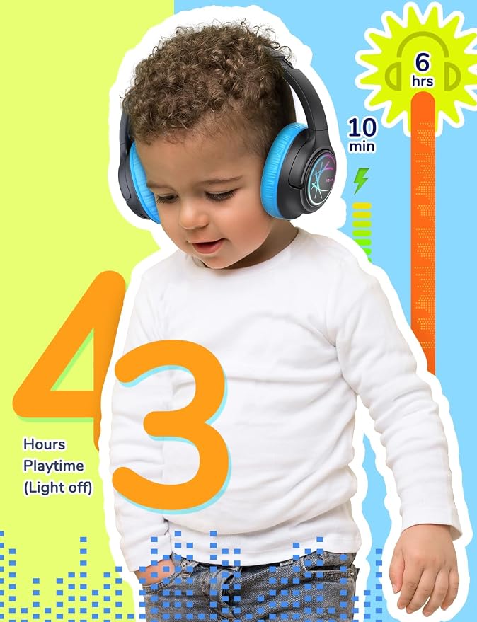 iClever Kids Bluetooth Headphones with LED Lights, BTH18 Safe Volume 74/85dBA, 43H Playtime, Bluetooth5.3 Kids Headphones Wireless Aux Cord for iPad Tablet Travel School, Black