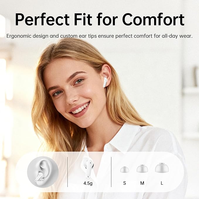 Adaptive Hybrid Active Noise Canceling 2026 Wireless Earbuds, 6 Mics ENC Clear Call Ear Buds, Hi-Res Audio Deep Bass Bluetooth 5.4 Headphones, 40H Playtime, LED, for Sports Running Gym Workout, White