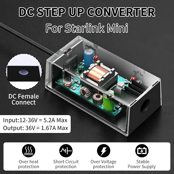 Starlink Mini 12V Battery Adapter, Starlink Mini Step Up Converter 12V-24V to 36V with DC Female Power Cable, StarlinkMini Power Supply for Truck, RV, Marine, Camping &Off-Grid