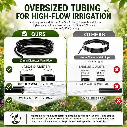 50Ft 1/2" Tubing High-Flow Drip Irrigation System, 360° Adjustable Garden Watering System with 30 Nozzles, Dual-Side Watering Kit for Raised Beds, Greenhouses & Efficient Plant Irrigation
