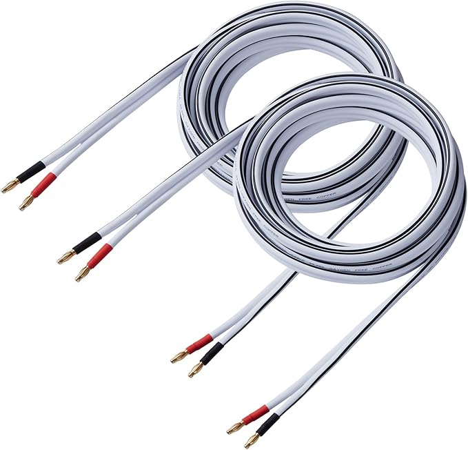 14 AWG HD Premium Soft Touch HiFi Speaker Cable with Banana Plugs (2 Pack, 3 Feet) 14 Gauge Banana Wire for Bi-Wire Bi-Amp HiFi Surround Sound Oxygen-Free Copper - White