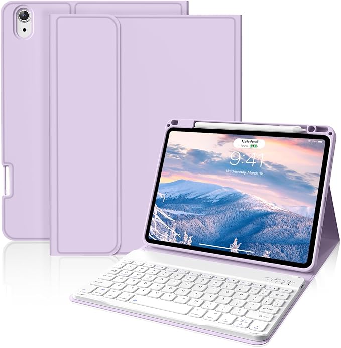 Case for iPad Air 8th/7th/6th 11-inch M4/M3/M2 (2026/2025/2024), iPad Air 5th/4th Generation 10.9 inch 2022/2020, Stand Folio Detachable Wireless Keyboard with Pencil Holder, Purple