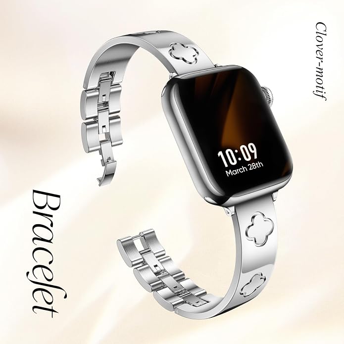 Missair Compatible with Apple Watch Band 38mm 40mm 41mm 42mm 44mm 45mm 46mm 49mm, Four Leaf Lucky Bracelet Women Dressy Stainless Steel Metal Clover Strap for iWatch Series 11 10 9 8 7 6 5 4 SE Ultra