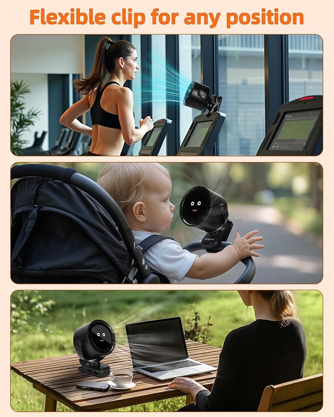 Akejrym Clip on Fan for Bed, Portable Fan for Travel, 360° Rotate Battery Operated Personal Fan, Digital display, stroller fan with 5 Speeds, For Home Office Stroller Camping - Black