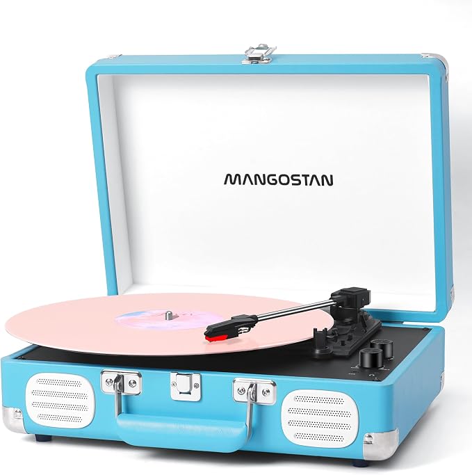 Record Player 3 Speed Bluetooth Portable Suitcase, Vinyl Phonograph with Built-in Bass & Speakers, Belt-Driven LP Player Support AUX-in RCA Line Out Headphone Jack, Blue
