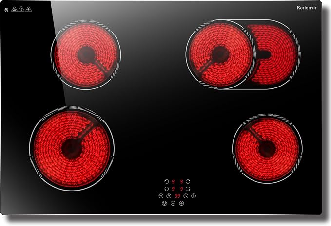 30 Inch Electric Cooktop Built-in Electric Stove Top, 4 Burner Electrics Stove 6400W, Touch Control, Extended Zone, Timer, Safety Lock, Pause, 220-240v, Hard Wire