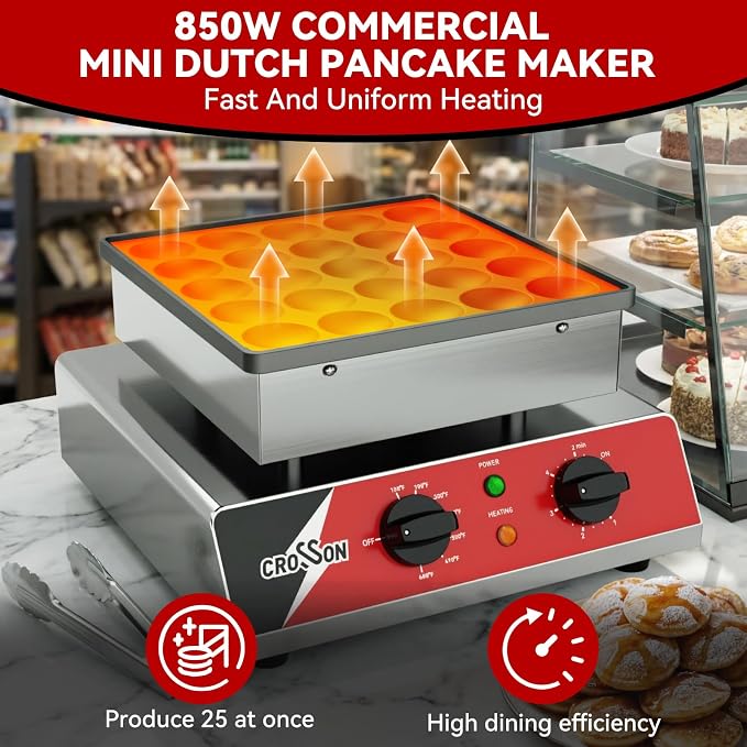 CROSSON Mini Pancake Maker, 25PCS 43mm Diameter Dutch Muffin Waffle Baker, Non-stick Stainless Steel Poffertjes Grill, Commercial Electric Dorayaki Machine W/Temp & Time Control 120V/850W
