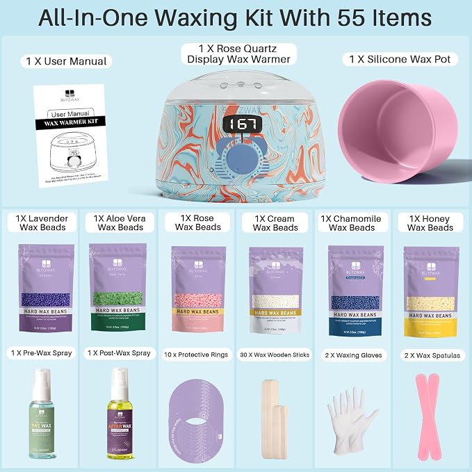 BLITZWAX Brazilian and Bikini Waxing Kit for Women, Hard Wax Warmer for Face, Legs and Body, At Home Hair Removal Kit, Beginner Friendly, Effective on Coarse Hair, Pool Swirl Design