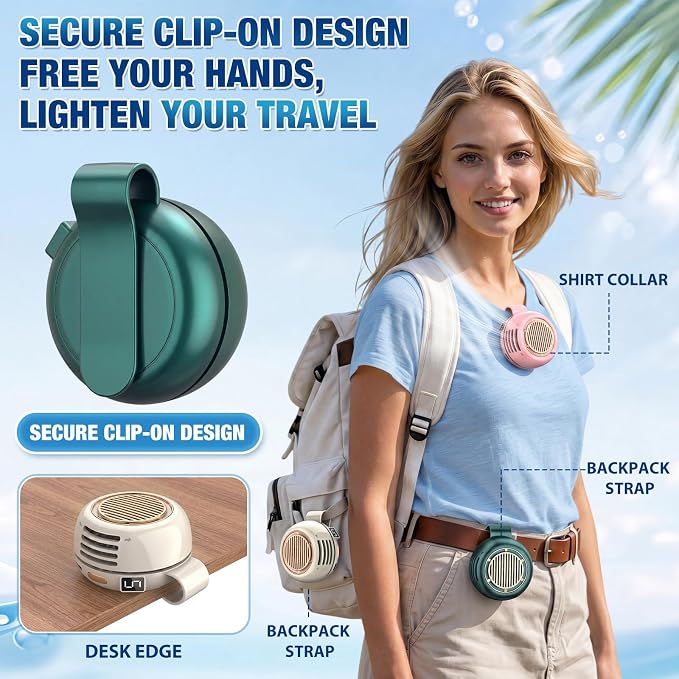 3 Pack Portable Silent Mini Bladeless Fan Clip on 5 Adjustable Speeds Digital Display 360 Rotatable USB Rechargeable Electric Small Fan for Shirt Waist Outdoor Travel(Beige Pink Green)