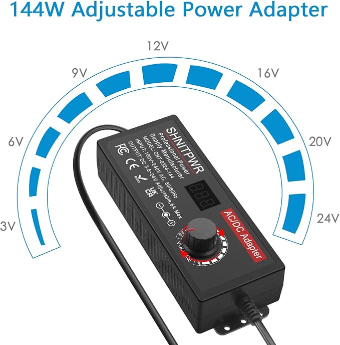 SHNITPWR Adjustable Universal Power Supply DC 4V~24V 3A 5A 6A 144W AC/DC Adapter with USB C Charger PD 100W 100V-240V AC to DC Converter Variable Power Adapter 24V,14 Tips,Alligator Clip Power Cable