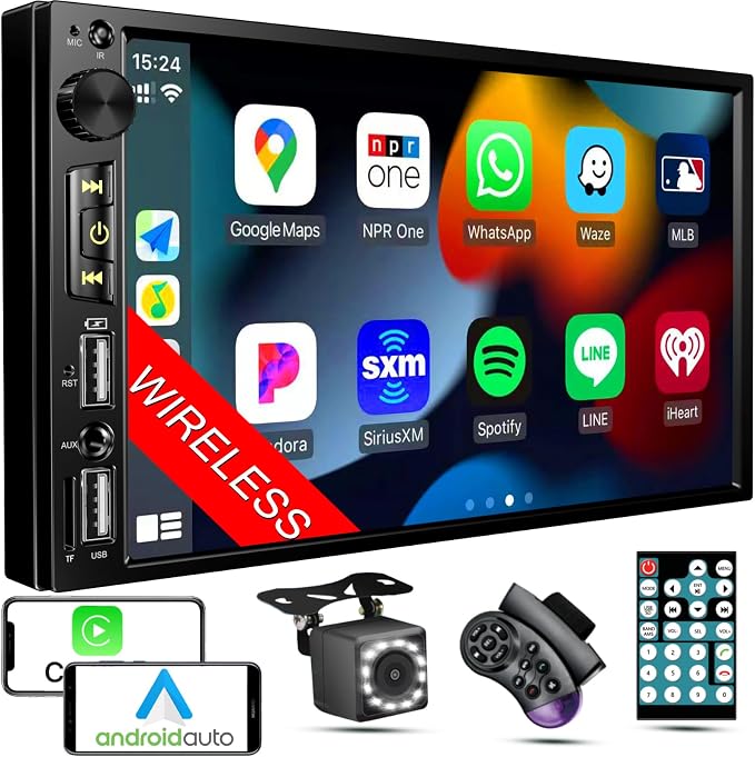 Wireless 7 inch Double Din Car Stereo with Apple Carplay,Car FM Radio | Bluetooth 5.1,Backup Camera,HD IPS 1024 * 600 Touch Screen,Mirror Lin,Build-in Mic/USB/AUX/Android Auto/SWC/Audio