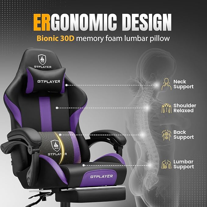 GTPLAYER Gaming Chair with Foot Rest & Pocket Spring Cushion, Ergonomic High Back Computer Chair with Headrest & 360°-Swivel Seat for Home Office Desk, PU Leather, Purple