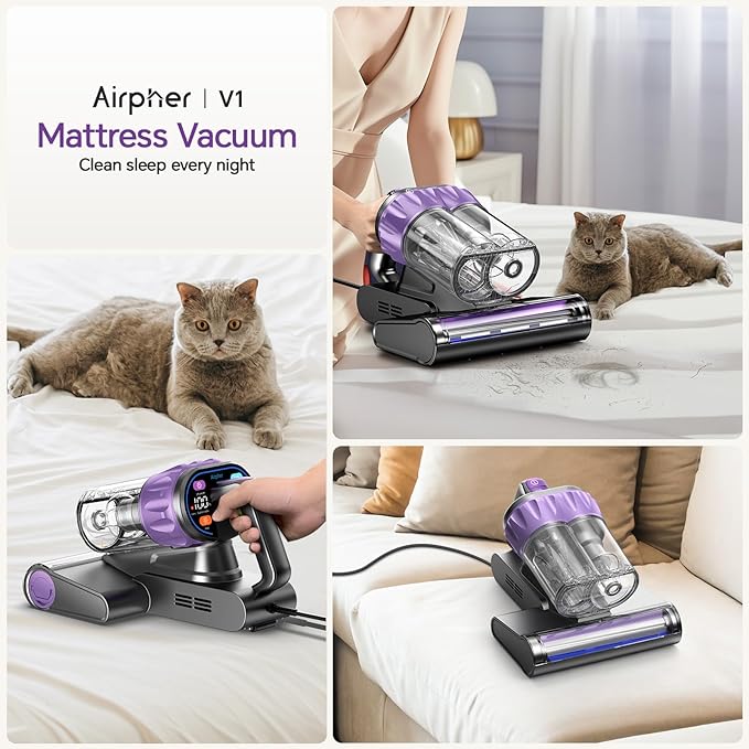 Mattress Vacuum Cleaner 18Kpa Bed Vacuum Cleaner with Smart Dust Sensor,253.7nm UV-C Light,HEPA Filter,150°F Heat,500W Powerful Handheld,for Bed,Sofa,Couch,CribMother's Day Gift Ideas for Women