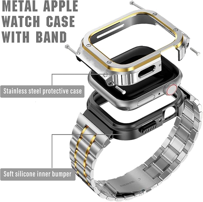 MioHHR Stainless Steel Watch Band with Case Compatible with Apple Watch Series 11/10 46mm,Rugged Strap with Metal Protective Bumper Cover for iWatch Band Men(Silver/Gold)