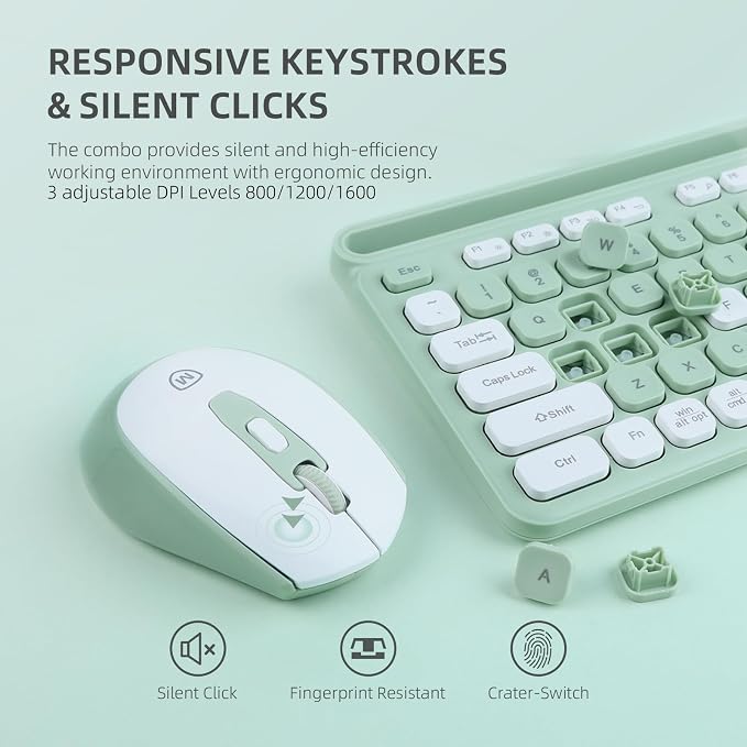 Green Wireless Keyboard and Mouse Combo, 2.4G Ergonomic Wireless Computer Keyboard with Phone Tablet Holder, Silent Mouse with 6 Buttons, Compatible with MacBook, Windows(KM-239W-GNWH)