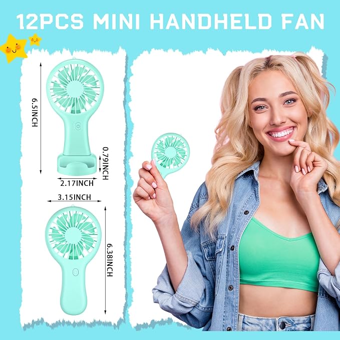 Woanger 12 Pcs Mini Handheld Fan Bulk 3 Speed USB Electric Battery Operated Small Portable Pocket Fan with Data Cable Mounting Base Summer Gift for Wedding Camping Travel (Green)