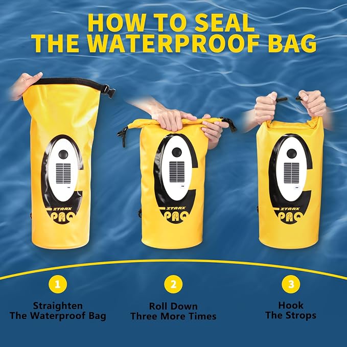 FELICON Waterproof Dry Bag Backpack with Bluetooth Speaker, 10L Roll Top Floating Sack, Solar & USB-C Powered Emergency Charger, RGB Light, Heavy Duty PVC for Kayaking Camping, Yellow