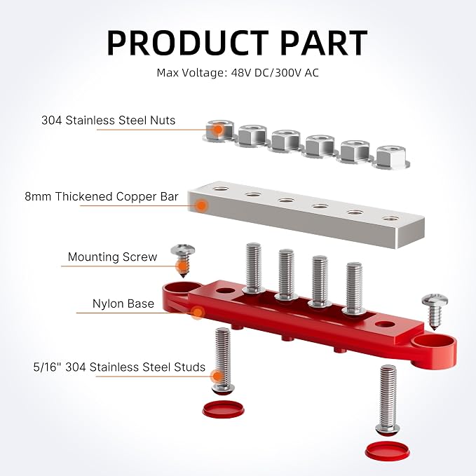 RVBOATPAT 400A Bus Bar 12V Power Distribution Block 6 x 5/16" (M8) Terminal Studs 12 Volt Marine Bus Bar Positive & Negative for Boat Automotive Solar System