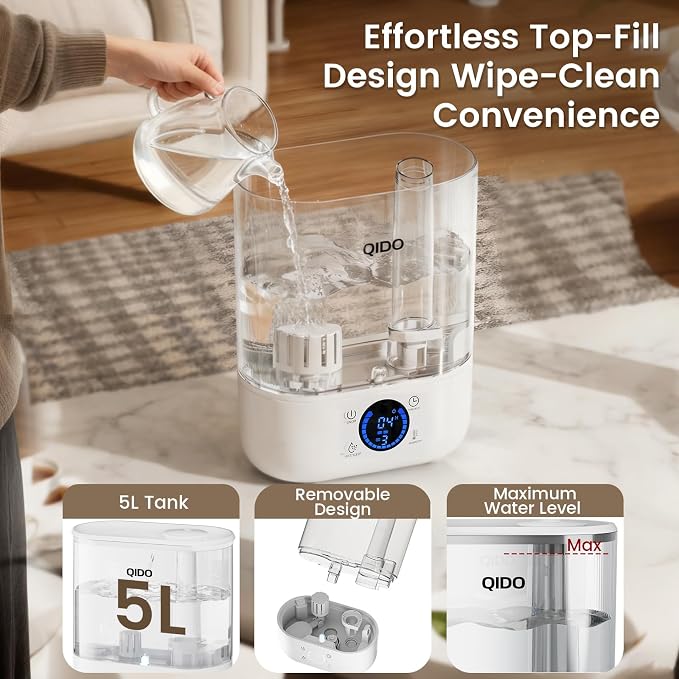COMHOMA Top Fill Humidifiers for Bedroom, 5L Tank for Large Room, Easy to Fill & Clean, 28dB Quiet Cool Mist Air Humidifier for Home Baby Nursery & Plants, Touch/APP/7-color Nightlight, 36H, White