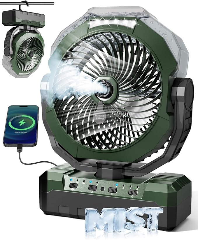 Portable Misting Fan, 36000mAh Rechargeable Battery Powered Camping Fan with 460ml Tank & 6.6ft Mist, 4 Speeds 2 Light Modes for Outdoor Patios Travel Jobsite Beach Summer Essentials - Green