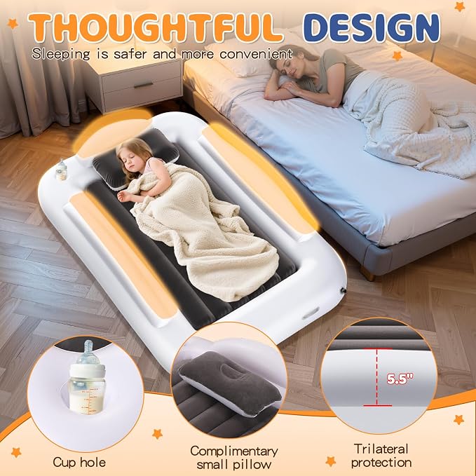 Inflatable Toddler Travel Bed - Portable Toddler Kids Travel Bed with Safety Sides Complete Kids Air Mattress Set with High-Speed Pump, Ideal for Vacation Camping and Sleepover (60 Inches)