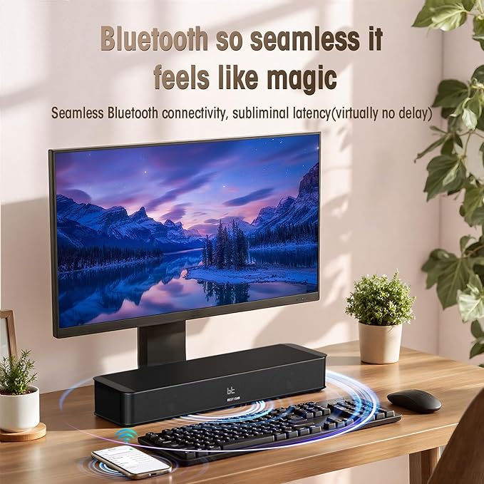 BESTISAN 2.1ch Sound Bar with Built-in Subwoofer, 100W Peak Power, HDMI ARC/Opt/AUX/USB/Bluetooth 5.3, 3 EQ Modes & Volume Boost, 16.5" All-in-One for TV/PC/Gaming/Projector