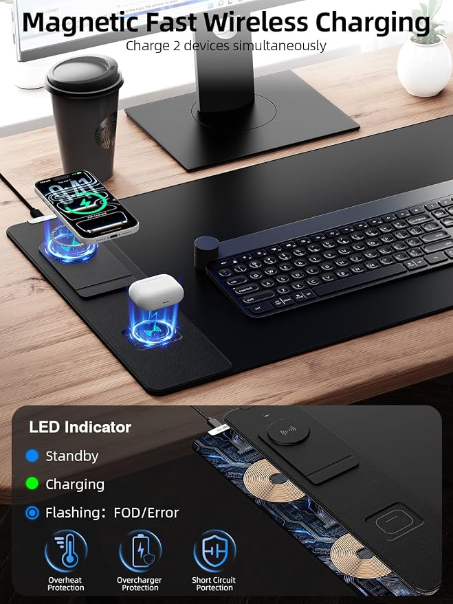 Mouse Pad with Magnetic Wireless Charging & Phone Stand, 31.5"x15.8" Large, Waterproof Smooth Surface, Non-Slip Base, with Adapter