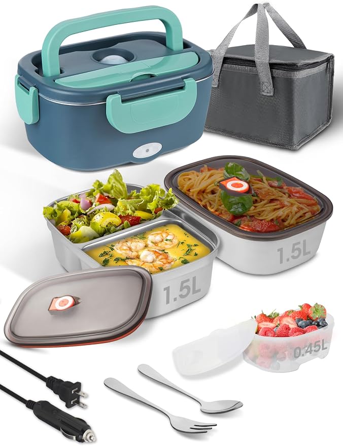 SOHIDA Electric-Lunch-Box-Heated-Food Warmer, 80W Heating Lunchbox for Adults, 2 Pack 1.5L Stainless Steel Containers, 12/24/110V Portable Warmer for Work/Car Lonchera Eléctrica Portátil (Green)