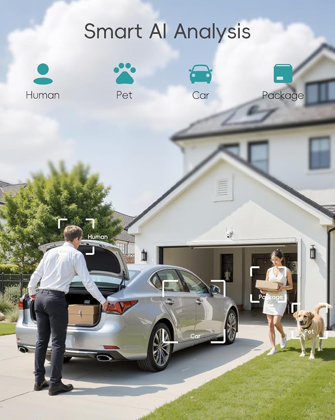 ZUMIMALL 2K Wired Outdoor Camera, 2.4G/5G WiFi Security Camera, 3MP, 24/7 Recording, AI Motion Detection, Cloud & SD Card Storage, 2-Way Audio, 360° PTZ Auto Tracking, Work with Alexa, IP66-2-Pack
