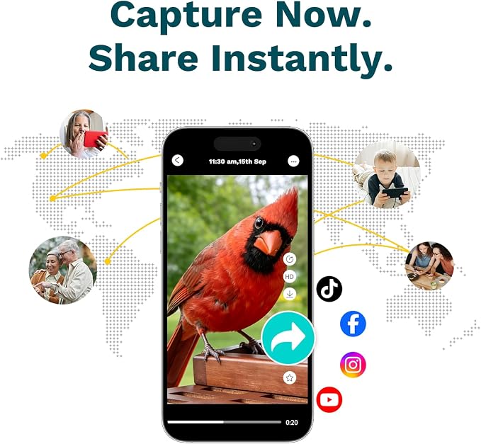 Smart Bird Feeder with Camera Solar Powered AI Identification 10,000+ Bird 2K UHD Video Live Instant Arrival Alerts and Real-Time Motion Detection Weatherproof Bamboo for Outdoor Birds Lovers