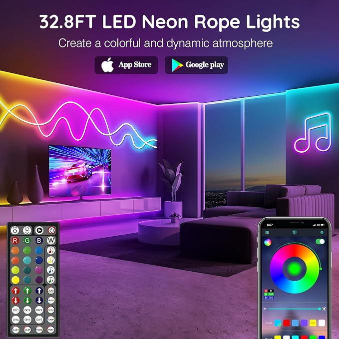 LETIANPAI 32.8FT Neon Rope Lights,Flexible Led Rope Lights Control with App/Remote,Multiple Modes Music Sync Gaming RGB Led Neon Lights for Bedroom Outdoor