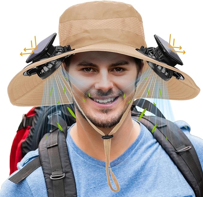 Solar Fan Hat for Men - Wide Brim Cooling Hat with 2 Built-in Solar & USB Rechargeable Fans for Fishing Hiking