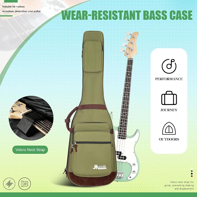 Bass Guitar Bag 0.5 Inch Padding Bass Guitar Case, Bass Electric Guitar Gig Bag Backpack with Neck Strap and 4 Pockets, Green