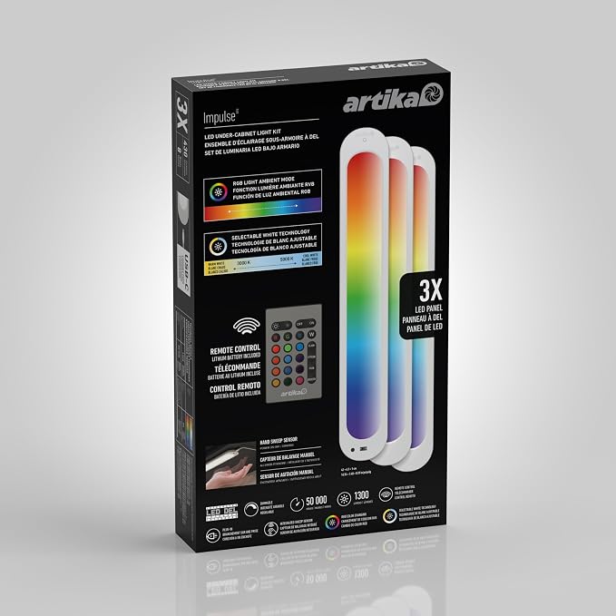 artika RGB LED Under Cabinet Lighting Kit, 3 Ultra-Thin Panels with Motion Sensor, Remote Control, Adjustable Brightness & Color Temperature, Plug-in Cabinet Lights for Kitchen, Closet & Wardrobe