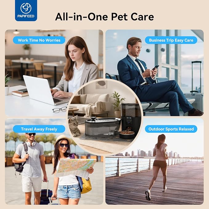 PAPIFEED Automatic Cat Feeder and Water Fountain Stainless Steel, WiFi Timed Auto Cat Feeder with Camera & App, Cat Food & Water Dispenser, Quiet Pet Drinking Fountain with LED, Smart Dog Feeder Set ﻿