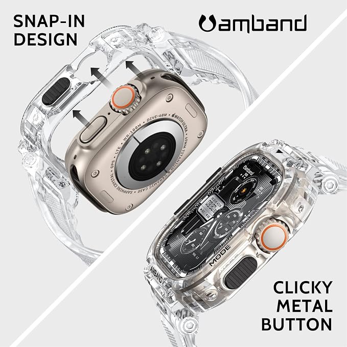 amBand Bands Case Screen Protector Compatible with Apple Watch Ultra 3/2/1 49mm, M1 Sport Series Rugged Cover Strap and 9H Tempered Glass Film, Military Protective Bumper for iWatch 49 mm Men Clear