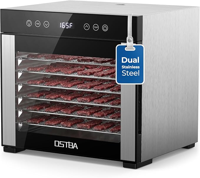 OSTBA Food Dehydrator, 8 Stainless Steel Trays, 95–165℉ Adjustable Temperature, 48h Digital Timer, Double-Layer Food Dryer for Fruit, Vegetable, Jerky, Herb, 650W Home & Commercial Use