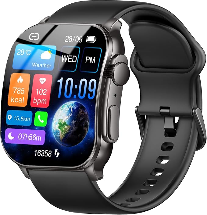 Poounur Smart Watch, 2.01" AMOLED Curved Touchscreen Fitness Watch for Men Women, IP68 Waterproof, 24/7 Heart Rate/Sleep Monitor, Fitness Tracker with Pedometer, 120+ Sports Modes