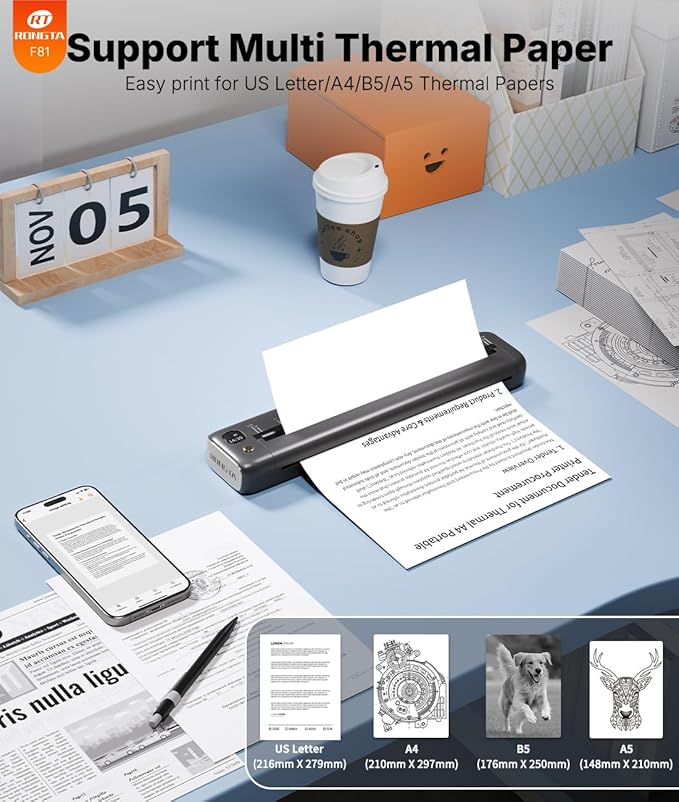 Rongta Portable Printer Wireless for Travel, Bluetooth Inkless Thermal Printers for 8.5" x 11" US Letter & A4 Size, Compatible with Android iOS Phone Mac Windows Laptop for Office & Home (Gray)