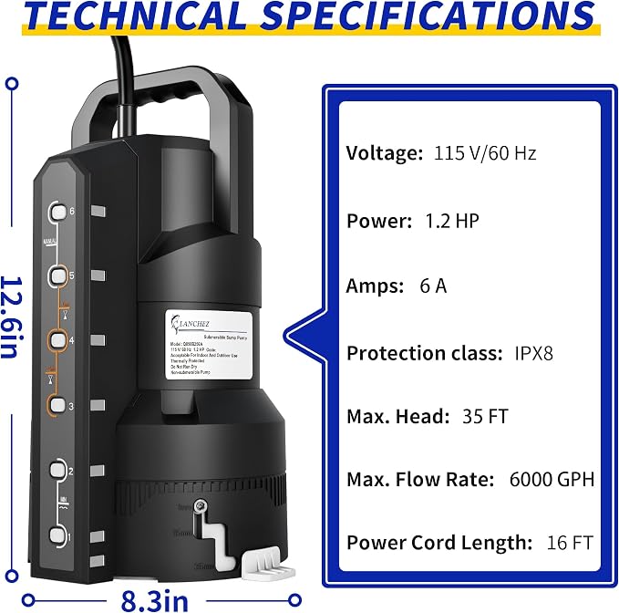 LANCHEZ 1.2HP 6000GPH Automatic Sump Pump with 6 Modes, Clean/Dirty Submersible Water Pump, Thermoplastic Water Removal Transfer Pump with 16FT Cord for Pools Basement Garden Pond, Black