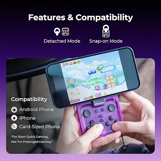 abxylute M4 Snap-On Mobile Gaming Controller for Android & iPhone, Switch 1&2, Portable Bluetooth Mini Controller, Pocket-Sized Retro Emulator Gamepad w/Stand, Dual Joystick Turbo Pro Gaming, Magnetic (Purple)
